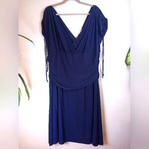 Kiyonna Draped Ruched Adjustable Sleeve Midi Dress Nautical Casual Navy Blue 3X